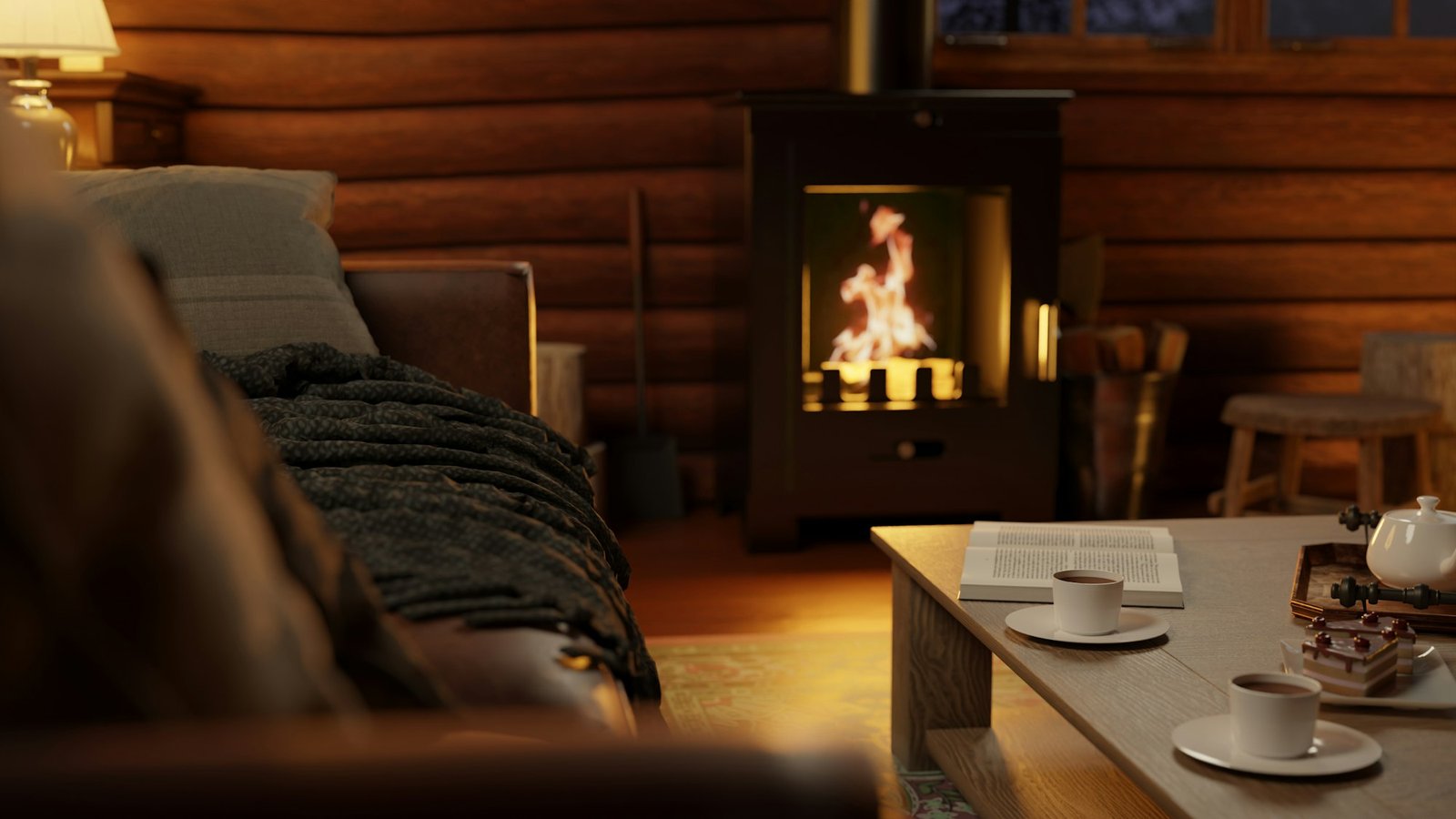 Log cabin living room with a wood stove burning