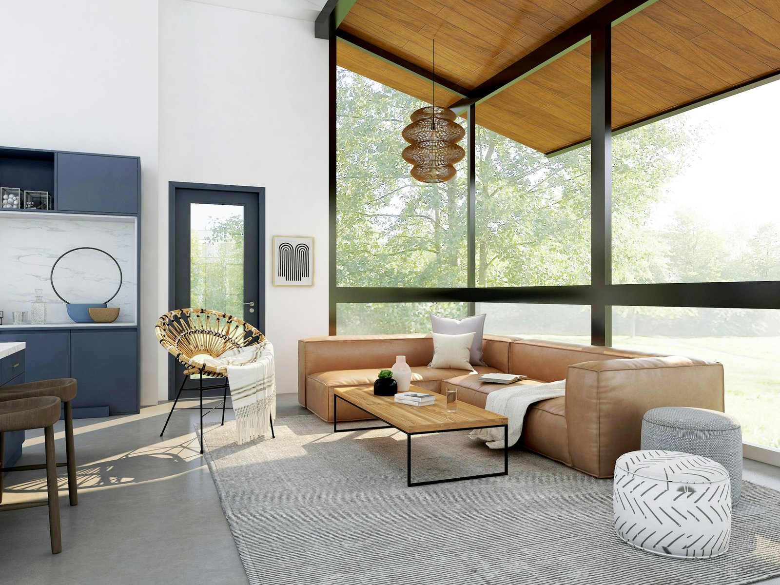 Finished living room with large windows and a brown sofa